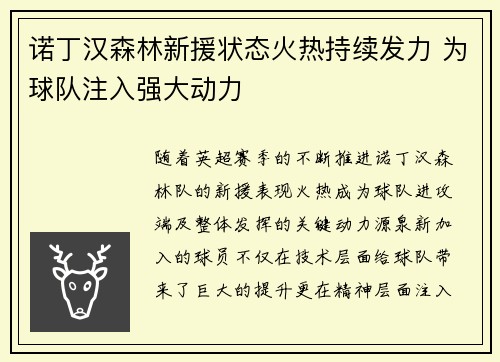 诺丁汉森林新援状态火热持续发力 为球队注入强大动力