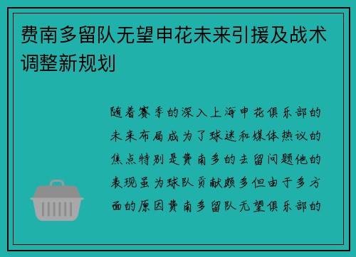 费南多留队无望申花未来引援及战术调整新规划