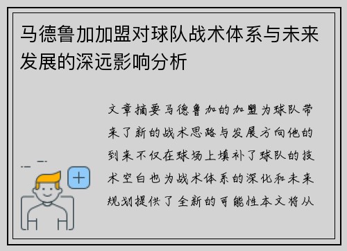 马德鲁加加盟对球队战术体系与未来发展的深远影响分析